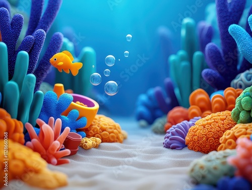 A vibrant underwater scene featuring colorful corals, playful orange fish, and bubbles, creating a lively marine environment. photo