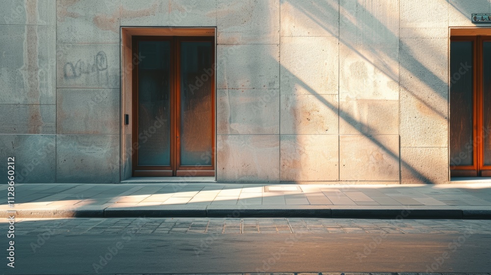 Minimalist Parisian street, modern architecture, facing a wall with windows and doors, warm sunlight, tranquil and peaceful, no people.