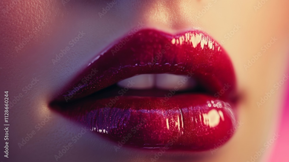 Fototapeta premium Stunning close-up of glossy red lips, highlighting their shine and shape for beauty and makeup inspiration.