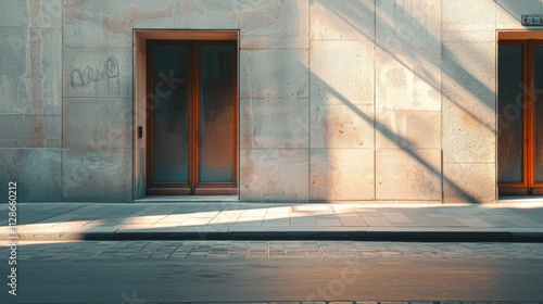 Obraz na płótnie Minimalist Parisian street, modern architecture, facing a wall with windows and doors, warm sunlight, tranquil and peaceful, no people. w salonie