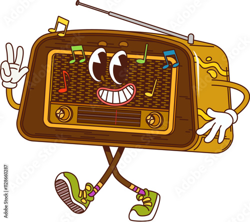 Retro groovy radio receiver character. Isolated cartoon vector vintage technology personage with nostalgic 60s vibes. Funky accessory exuding upbeat energy. Gleeful old radio with smile and antennae