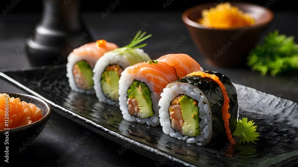 Delicious sushi roll platter & fresh salmon, avocado, green herb on black ceramic dish, Japanese cuisine healthy food meal Delicious sushi roll platter & fresh salmon, avocado, green herb on black ceramic dish, Japanese cuisine healthy food meal