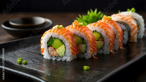 Delicious sushi roll platter & fresh salmon, avocado, green herb on black ceramic dish,  Japanese cuisine healthy food meal photo