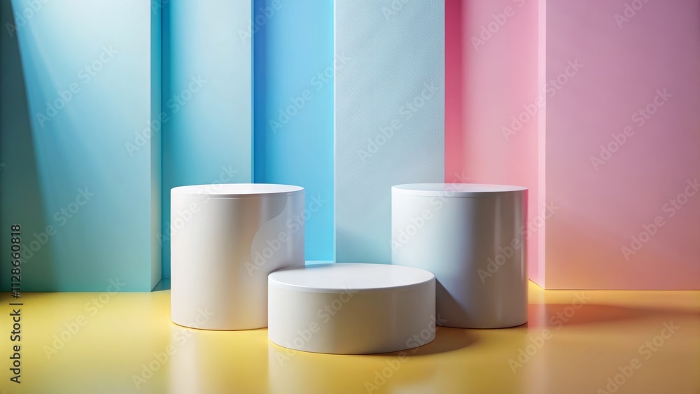 Pastel Podium: 3D Cylinder Pedestal Mockup for Product Display, Minimalist Abstract Background Pastel Podium: 3D Cylinder Pedestal Mockup for Product Display, Minimalist Abstract Background