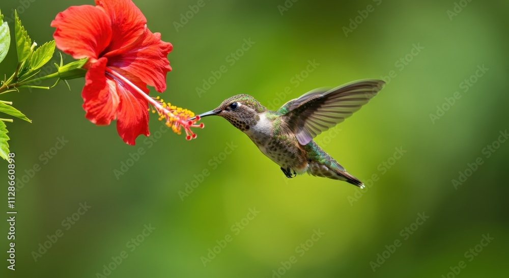 Naklejka premium Hummingbird hovers near vibrant red hibiscus flower in lush green garden setting