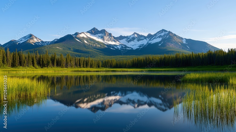 Mountainous landscape reflecting in a serene lake during a clear day Mountainous landscape reflecting in a serene lake during a clear day