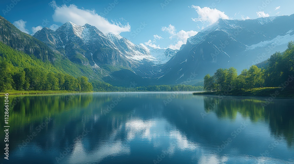 Majestic mountains reflect in the serene lake under a clear blue sky Majestic mountains reflect in the serene lake under a clear blue sky