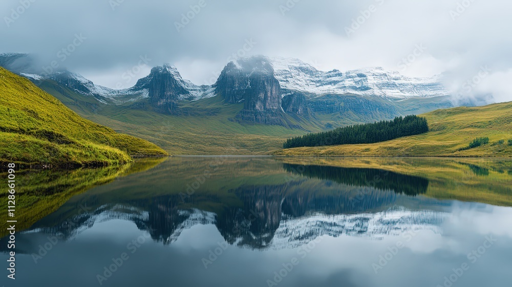 Breathtaking view of snow-capped mountains reflected in a serene lake at dawn Breathtaking view of snow-capped mountains reflected in a serene lake at dawn