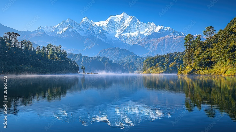 Majestic snow-capped mountains reflect in serene lake at sunrise Majestic snow-capped mountains reflect in serene lake at sunrise