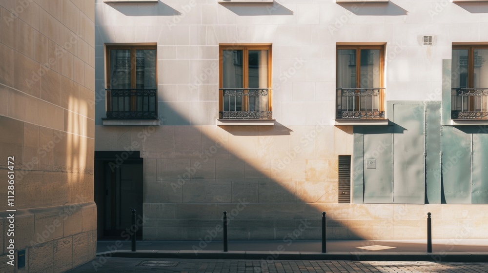 Minimalist Parisian street, modern building, facing a wall with windows and doors, sunny afternoon light, peaceful and tranquil, no people present.