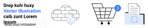 Cloud with raindrop, shopping cart with notification badge, and document with refresh icon. Ideal for cloud storage, e-commerce, online shopping, document management, sync services, and data backup