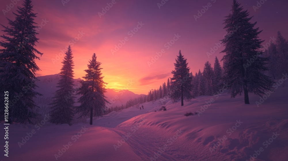 Serene Winter Sunset Over a Snowy Mountain Path and Pine Trees Serene Winter Sunset Over a Snowy Mountain Path and Pine Trees