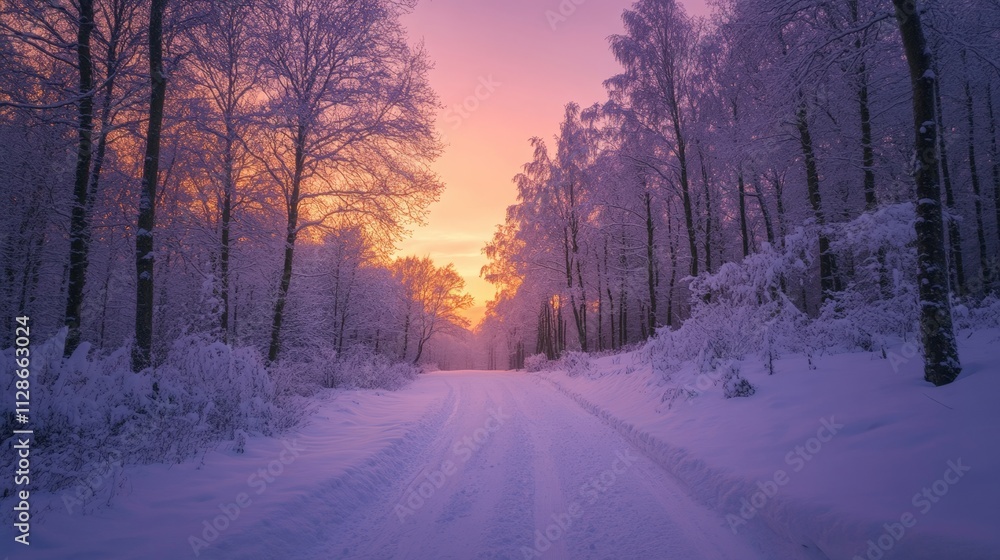A peaceful winter sunset over a snowy road surrounded by tall trees, creating a serene and magical atmosphere. A peaceful winter sunset over a snowy road surrounded by tall trees, creating a serene and magical atmosphere.