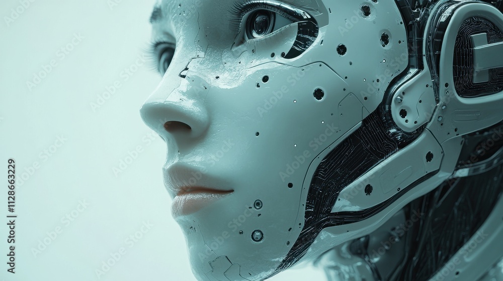 Close-up of a futuristic humanoid robot with detailed facial features and metallic components Close-up of a futuristic humanoid robot with detailed facial features and metallic components
