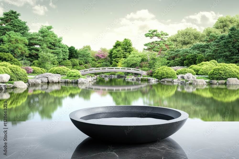 Fototapeta premium Serene garden landscape with a dark bowl near a tranquil pond under a clear sky