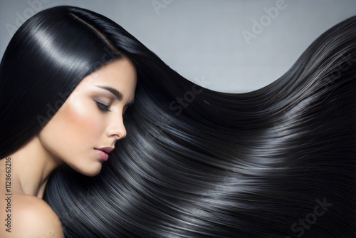 Sleek glossy black hair flowing gracefully in a soft light setting