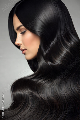 Glossy black hair flowing smoothly in a graceful display