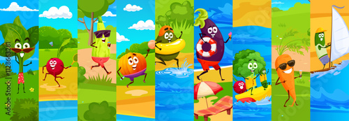 Cartoon raw vegetable characters collage of funny veggie on summer holiday, vector background. Cute vegetable characters at sea beach, cucumber on windsurf and broccoli with eggplant on banana boat