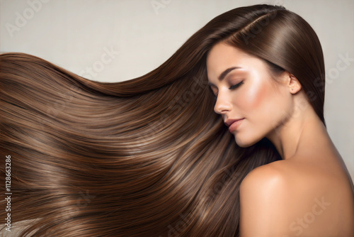 Smooth flowing brown hair showcases natural shine and elegance in a close-up portrait