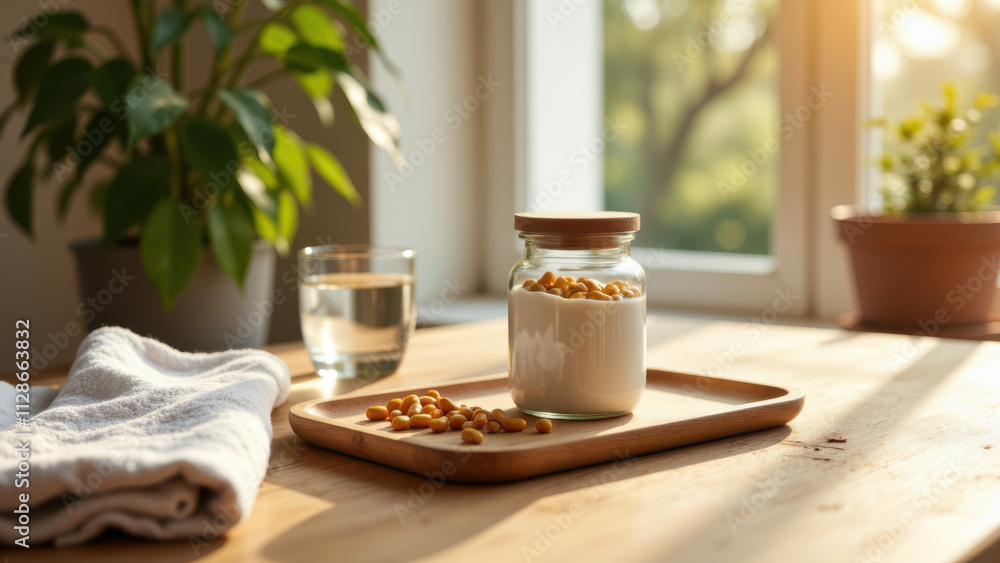 Top-down view of a jar of NAD supplements and a small dish on a wooden surface with natural light streaming through the window, highlighting its contents. Top-down view of a jar of NAD supplements and a small dish on a wooden surface with natural light streaming through the window, highlighting its contents.