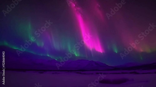 colorful aurora borealis dance on the night sky under white winter empty scenery; astonishing skyscape with nothern lights