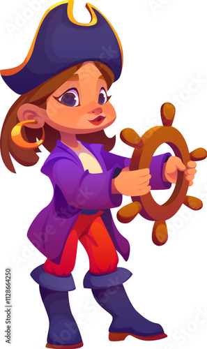 Cartoon kid pirate, skipper or captain character with steering wheel driving ship with cheerful smile. Vector child girl in corsair sailor costume, cocked hat, earring, playful and excited expression