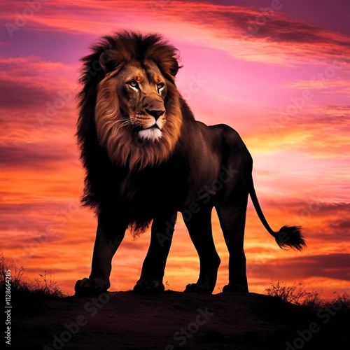 King of the Jungle Lion at Dusk,In the stunning evening light, a lion stands majestically on a hill, displaying his strength and grace photo