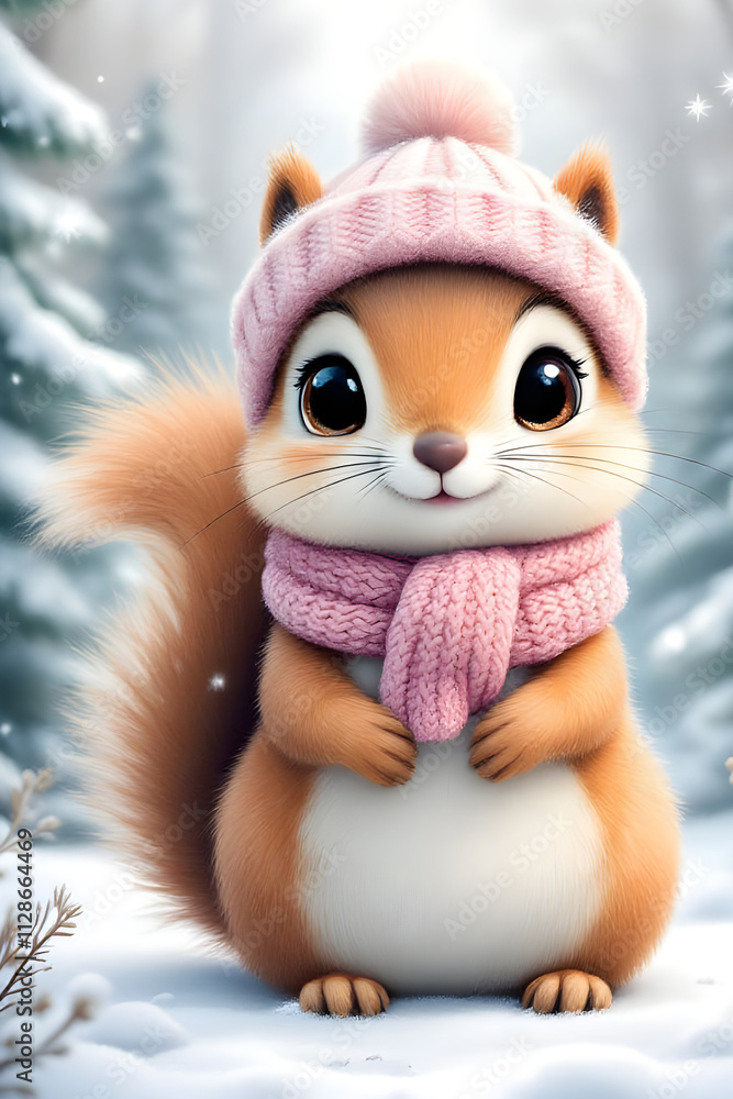 Obraz premium Cute squirrel with big eyes sits in a snowy forest wearing a scarf and a knitted hat