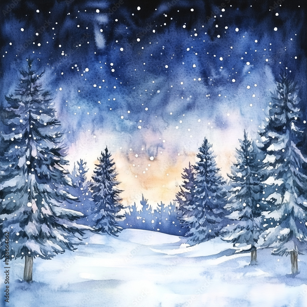 Schneebedeckte stimmungsvolle Winterlandschaft in der Nacht , Geneartive AI Schneebedeckte stimmungsvolle Winterlandschaft in der Nacht , Geneartive AI