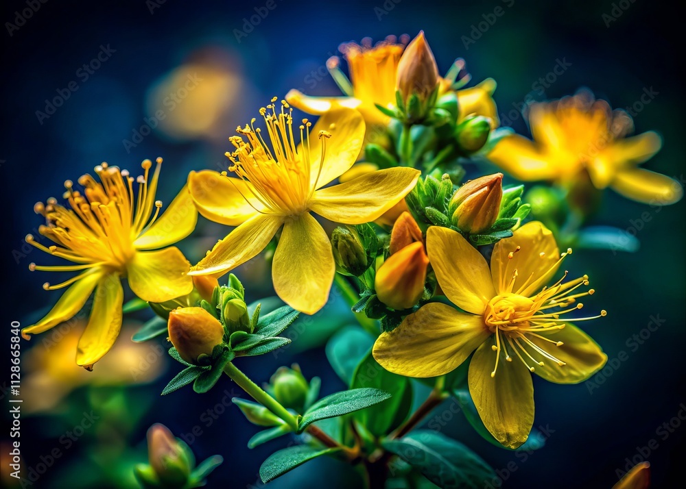 Obraz premium St. John's Wort Blooming: Medicinal Herb Photography, Low Light Herbal Remedy Images
