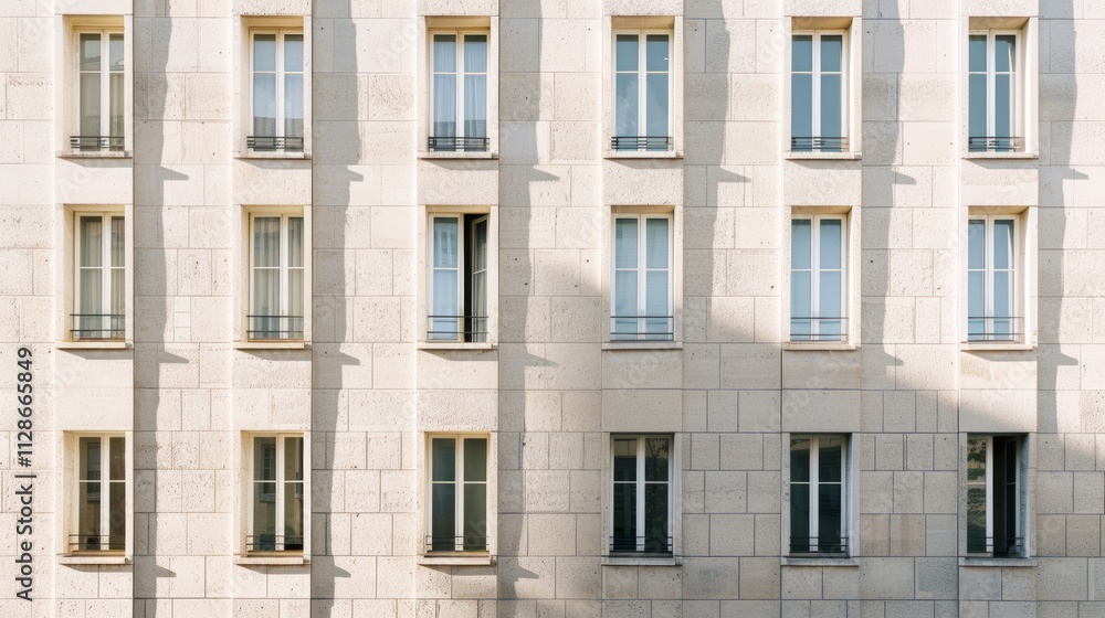Modern minimalist Parisian architecture, full wall with windows and doors, sunny afternoon light, serene and peaceful, no people visible. Modern minimalist Parisian architecture, full wall with windows and doors, sunny afternoon light, serene and peaceful, no people visible.