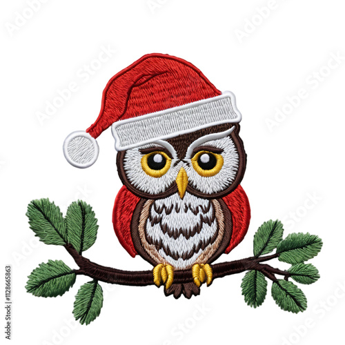 Festive embroidered owl in a Santa hat perched on a pine branch. photo