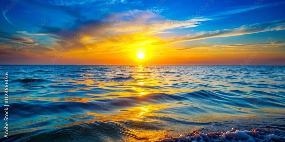 Breathtaking Twilight Scene of a Vibrant Yellow Sunset Over Tranquil Blue Ocean Waters with Stunning Reflection and Bokeh Effect for Serene Seascape Photography Breathtaking Twilight Scene of a Vibrant Yellow Sunset Over Tranquil Blue Ocean Waters with Stunning Reflection and Bokeh Effect for Serene Seascape Photography