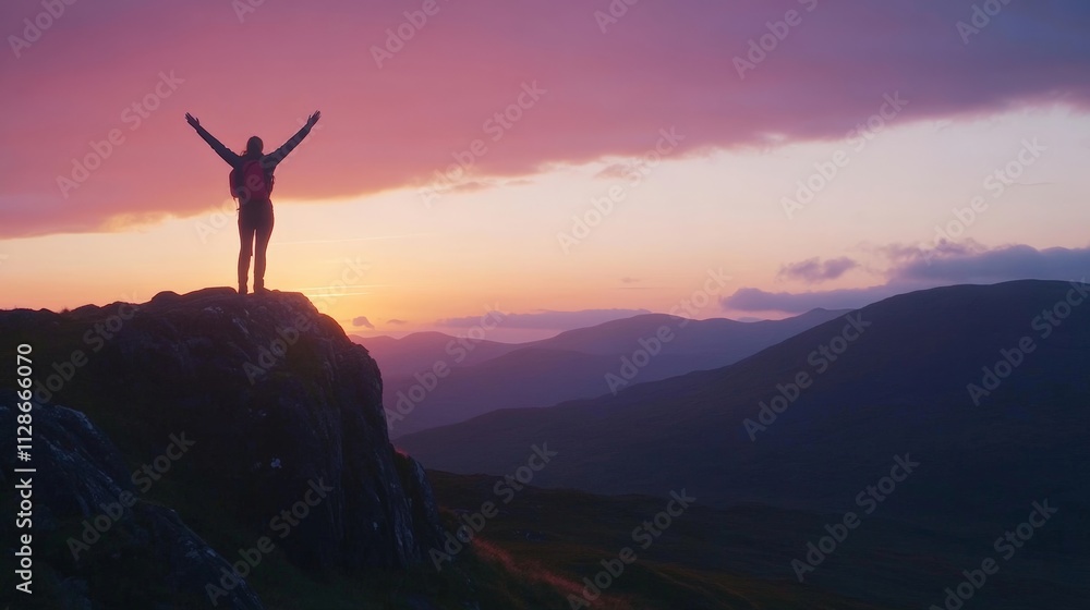 A person stands on a rocky cliff, arms raised in triumph during a colorful sunset over the mountains A person stands on a rocky cliff, arms raised in triumph during a colorful sunset over the mountains