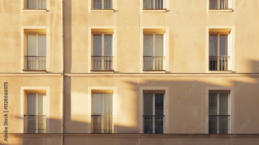 Modern minimalist Parisian building, complete wall with windows and doors, bathed in warm afternoon sunlight, no people, serene urban atmosphere. Modern minimalist Parisian building, complete wall with windows and doors, bathed in warm afternoon sunlight, no people, serene urban atmosphere.