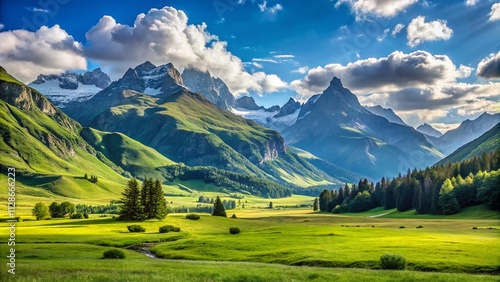 Breathtaking Valley Landscape with Majestic Mountains, Clear Blue Sky, and Lush Green Grass, Perfect for Text Overlay and Nature-Themed Projects