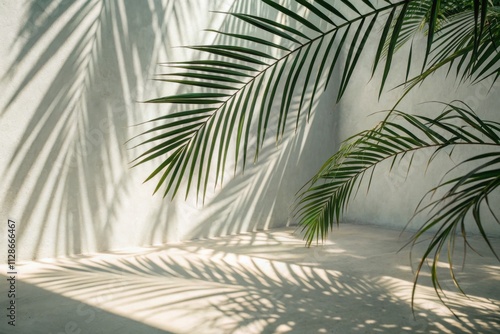 Shadows of palm leaves create a serene atmosphere in a minimalist space