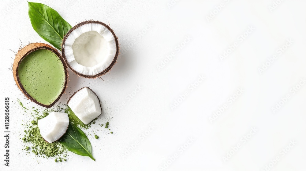 Matcha coconut concept. Coconut halves with green matcha powder and fresh leaves on a white background. Matcha coconut concept. Coconut halves with green matcha powder and fresh leaves on a white background.