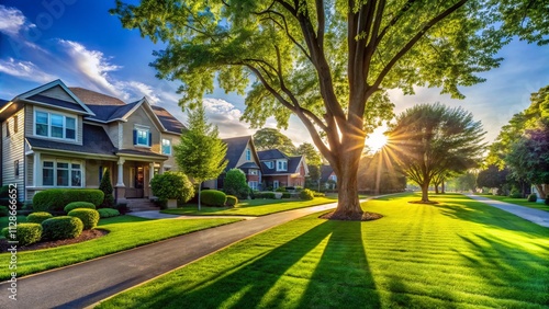 Suburban Dream: Tree-Lined Street, Large Houses, Lush Lawns - High-Resolution Photo