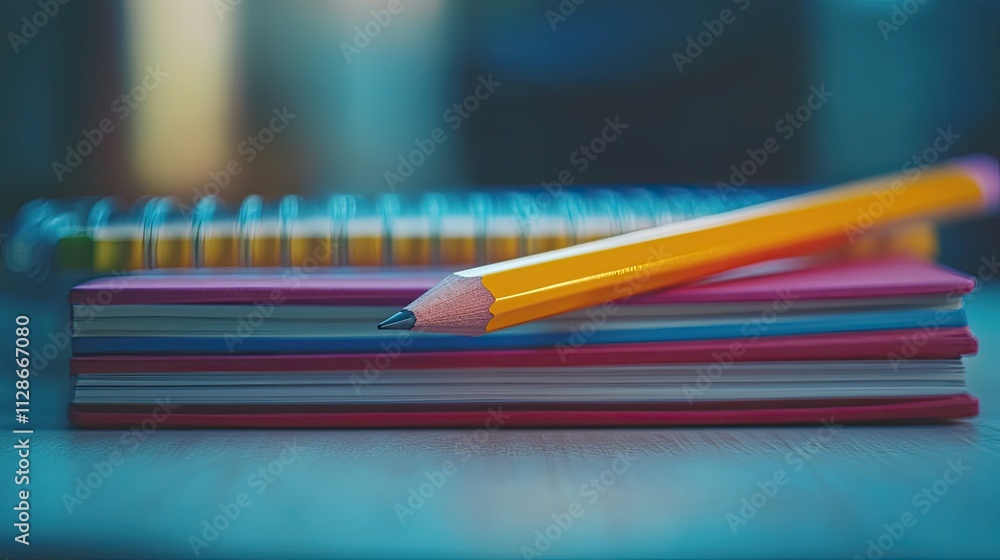 A yellow pencil rests on a stack of colorful notebooks. Back to school supplies. Education concept. A yellow pencil rests on a stack of colorful notebooks. Back to school supplies. Education concept.
