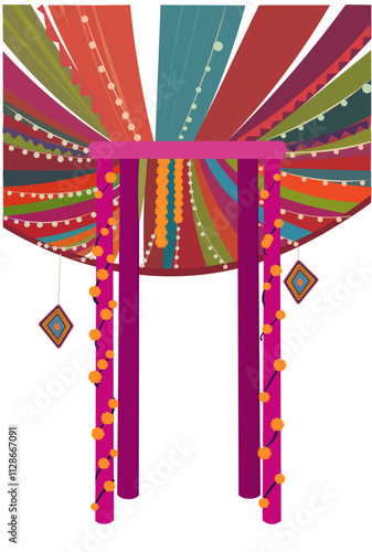 Indian wedding backdrop design with colorful curtains, floral marigold toran hangings and tassles perfect for haldi mehendi bhaat maayra ceremonies for traditional wedding 