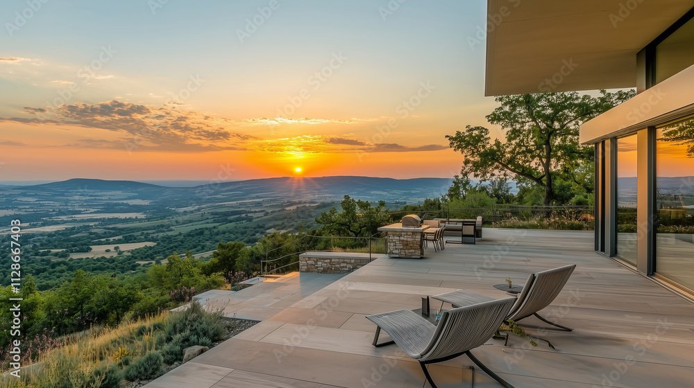 Fototapeta premium Sunset view from a modern patio overlooking a valley..