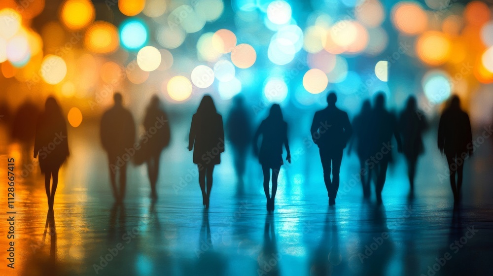 Fototapeta premium Silhouetted figures walking city night lights blurred background