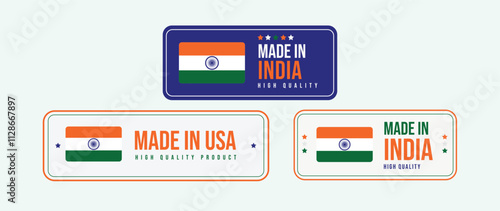 Made in India label set. Made in India stamp, big set of label, stickers, badge. Indian product emblem. Quality product Made in India stamp, sticker with Indian flag and Indian flag colours.