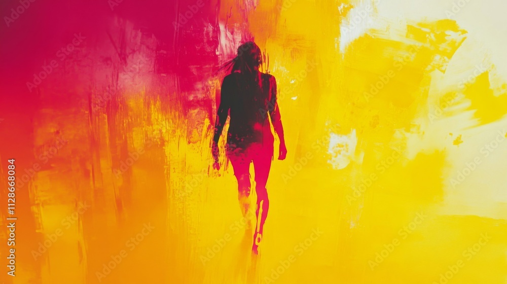 Fototapeta premium Abstract Figure Walking Through Warm Hues