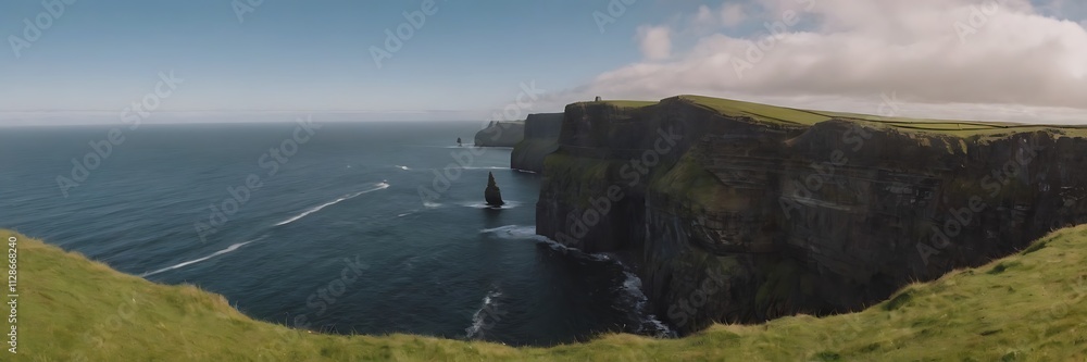 view of the Cliffs of Moher, a series of dramatic sea cliffs in County Clare, Ireland. The cliffs rise majestically from the Atlantic Ocean, offering stunning views of the coastline. view of the Cliffs of Moher, a series of dramatic sea cliffs in County Clare, Ireland. The cliffs rise majestically from the Atlantic Ocean, offering stunning views of the coastline.