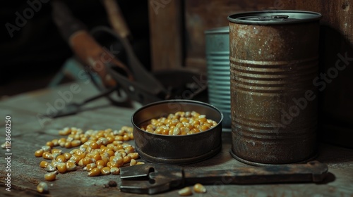 Close-up view of dried corn kernels spilled on a rustic wooden surface near old, rusty cans. The scene evokes a feeling of age and history.