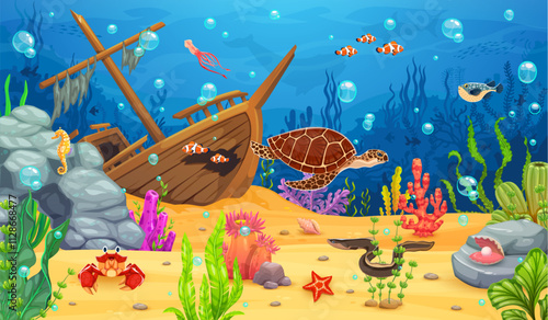 Cartoon underwater landscape game background with sunken ship and turtle, fish shoals and sea animal characters, vector UI asset. Funny sea turtle, squid, crab and seahorse at underwater landscape