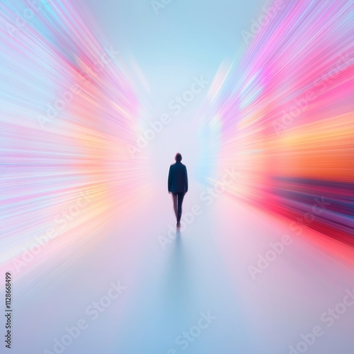 Person Walking in Futuristic Cityscape with Bright Digital Screens and Holograms