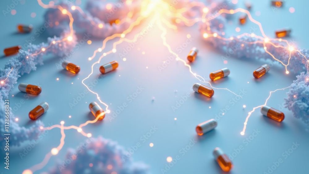 A vibrant illustration of NAD+ supplement pills with fiery electrical currents flowing around them, symbolizing energy or metabolism. A vibrant illustration of NAD+ supplement pills with fiery electrical currents flowing around them, symbolizing energy or metabolism.